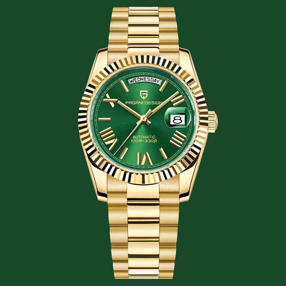 Pagani Design Mens Watch 40mm Japanese NH36A Automatic Mechanical Stainless Steel Luxury Mens Wristwatch - Golden Green