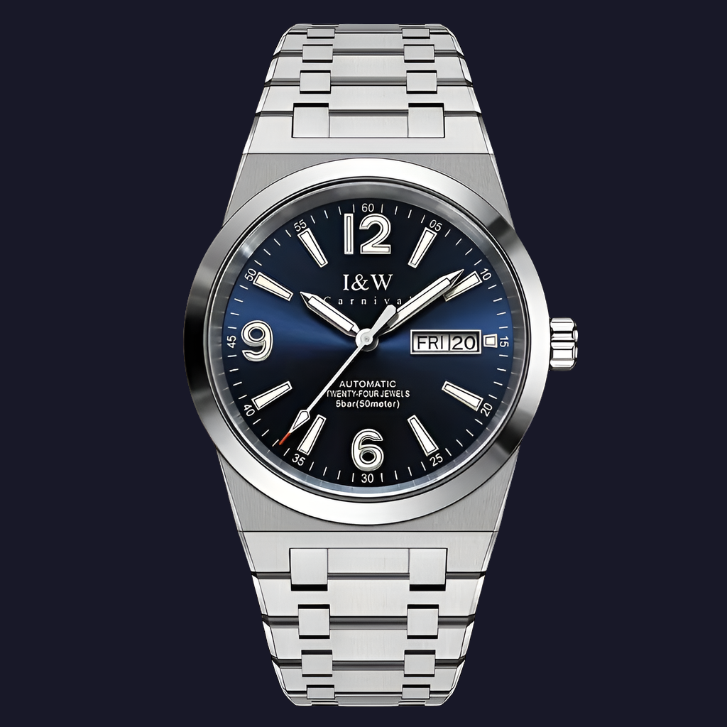 I&W CARNIVAL Men’s Automatic Mechanical Watch Sapphire Waterproof Luminous Dual Calendar Clock - Blue