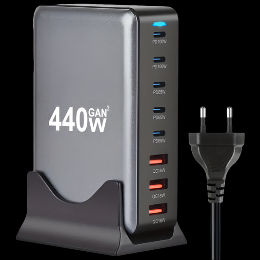 440W GaN High-Power Multi-Port Fast Charger Station with LED Indicators - 8 in 1 USB-C