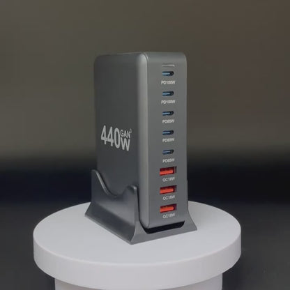 440W GaN High-Power Multi-Port Fast Charger Station with LED Indicators - 8 in 1 USB-C