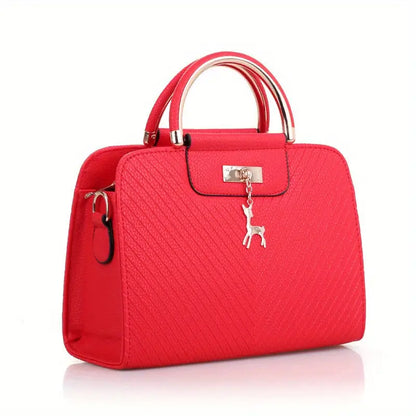 Women’S Fashion Red Handbag with Embossed Design Striped Pattern - Red