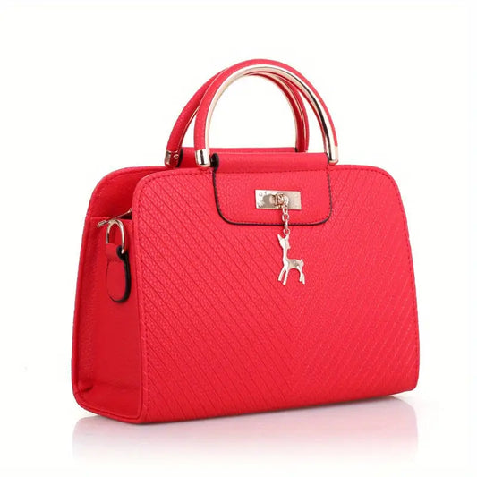 Women’S Fashion Red Handbag with Embossed Design Striped Pattern - Red