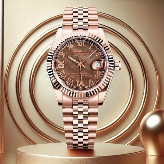 Elegant Rose Golden Automatic Mechanical Watch for Women Casual Style with Luminous Gear & Calendar Zinc Alloy Band