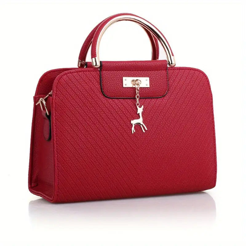 Women’S Fashion Red Handbag with Embossed Design Striped Pattern - Burgundy