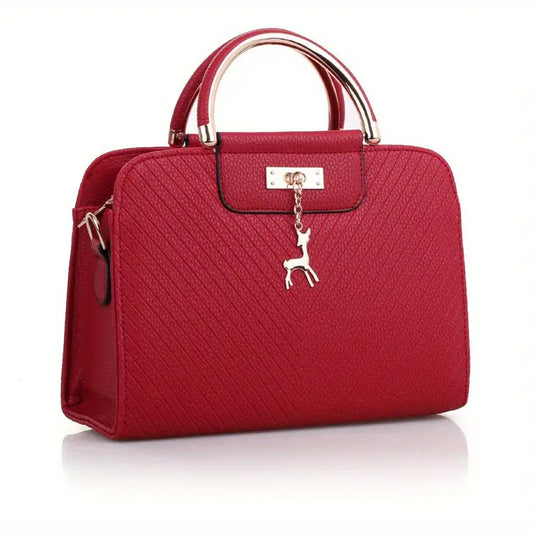 Women’S Fashion Red Handbag with Embossed Design Striped Pattern - Burgundy
