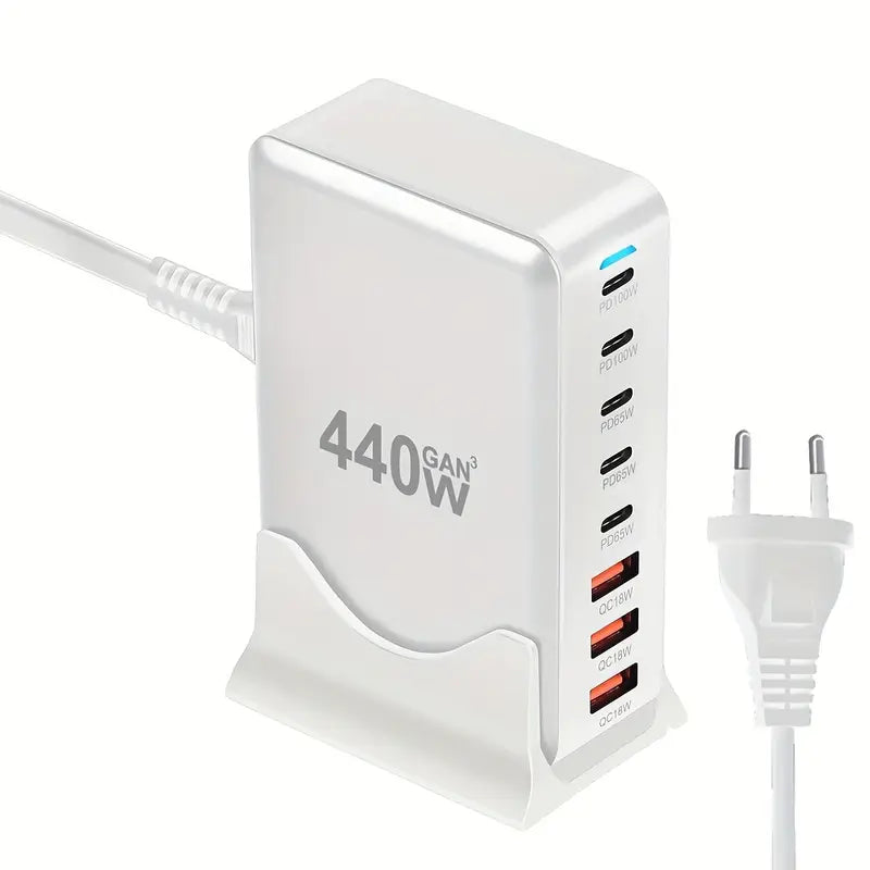 440W GaN High-Power Multi-Port Fast Charger Station with LED Indicators - 8 in 1 USB-C - White