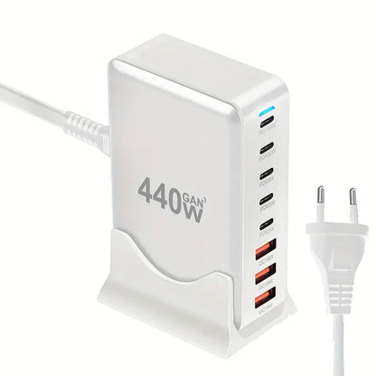 440W GaN High-Power Multi-Port Fast Charger Station with LED Indicators - 8 in 1 USB-C - White
