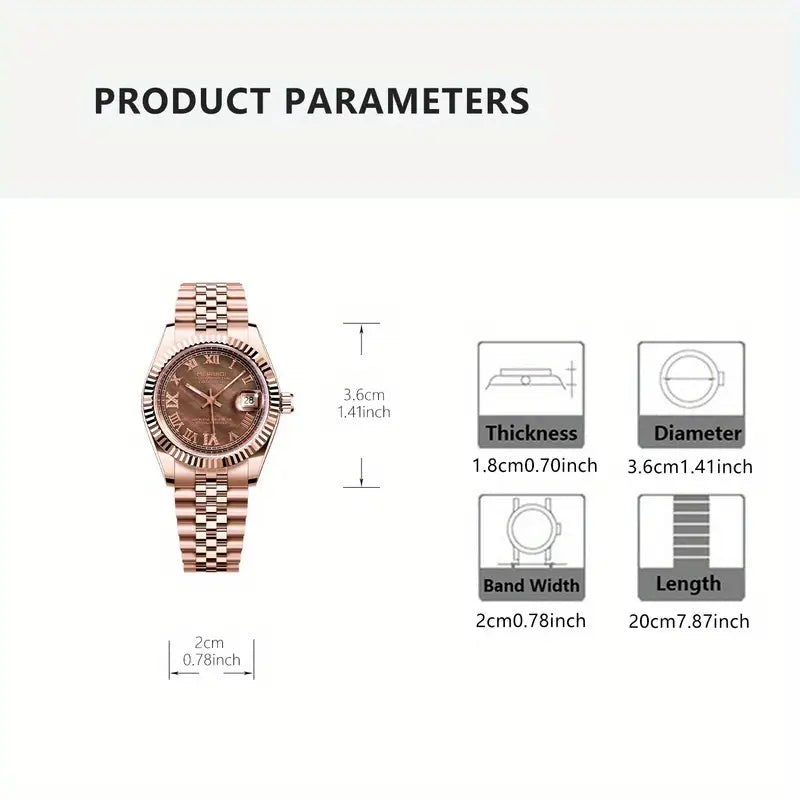 Elegant Rose Golden Automatic Mechanical Watch for Women Casual Style with Luminous Gear & Calendar Zinc Alloy Band