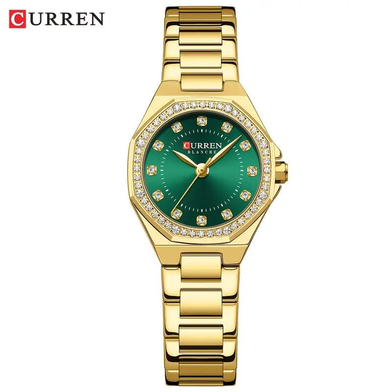 CURREN Women’s Luxury Rhinestone Watch – Elegant Stainless Steel Timepiece - Golden Green