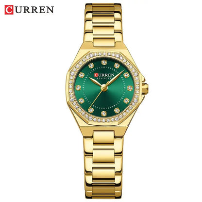 CURREN Women’s Luxury Rhinestone Watch – Elegant Stainless Steel Timepiece - Golden Green