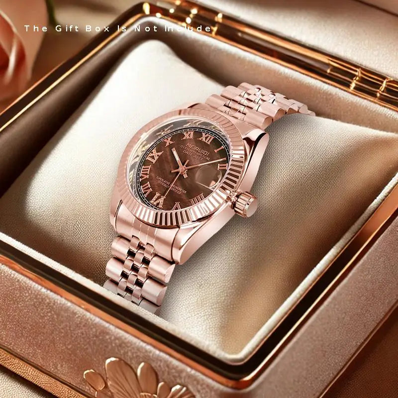 Elegant Rose Golden Automatic Mechanical Watch for Women Casual Style with Luminous Gear & Calendar Zinc Alloy Band