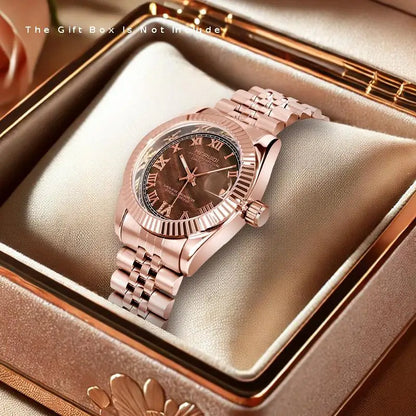 Elegant Rose Golden Automatic Mechanical Watch for Women Casual Style with Luminous Gear & Calendar Zinc Alloy Band