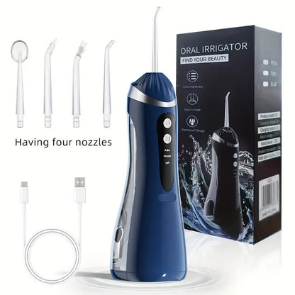 Electric Dental Flosser with 4 Nozzles 3 Modes Large Capacity Water Tank High-Pressure Water Flosser. - Blue