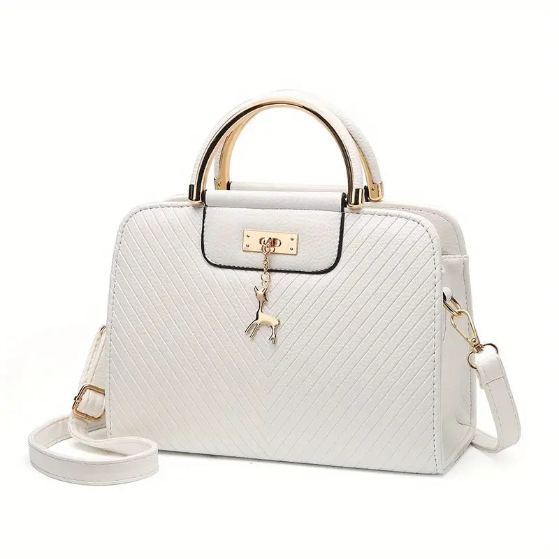 Women’S Fashion Red Handbag with Embossed Design Striped Pattern - White