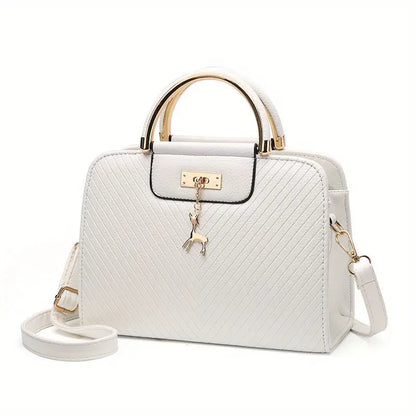 Women’S Fashion Red Handbag with Embossed Design Striped Pattern - White