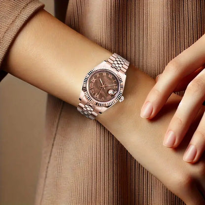 Elegant Rose Golden Automatic Mechanical Watch for Women Casual Style with Luminous Gear & Calendar Zinc Alloy Band