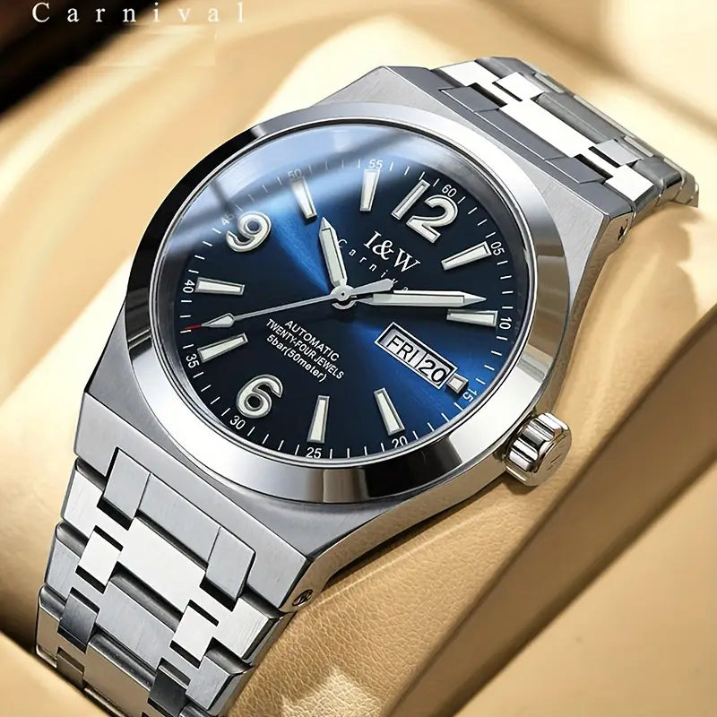 I&W CARNIVAL Men’s Automatic Mechanical Watch Sapphire Waterproof Luminous Dual Calendar Clock