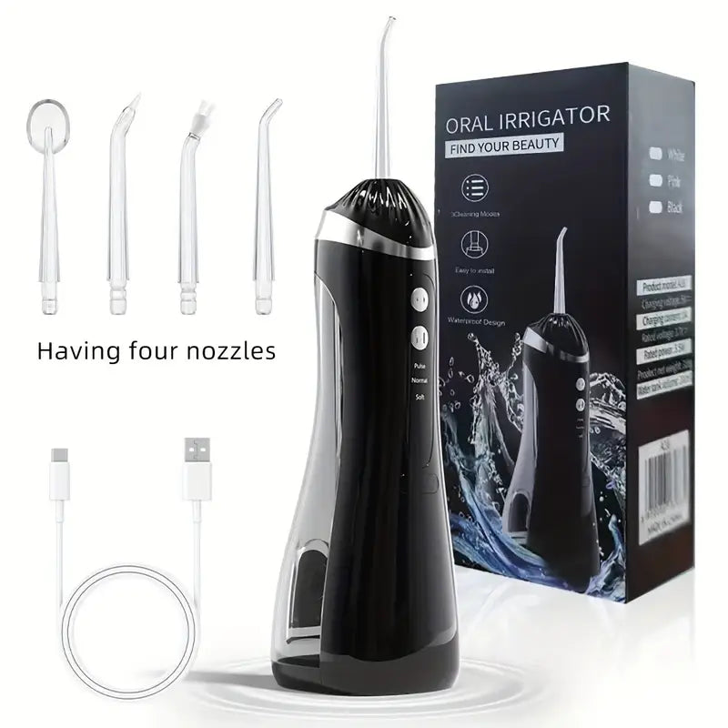 Electric Dental Flosser with 4 Nozzles 3 Modes Large Capacity Water Tank High-Pressure Water Flosser. - Black