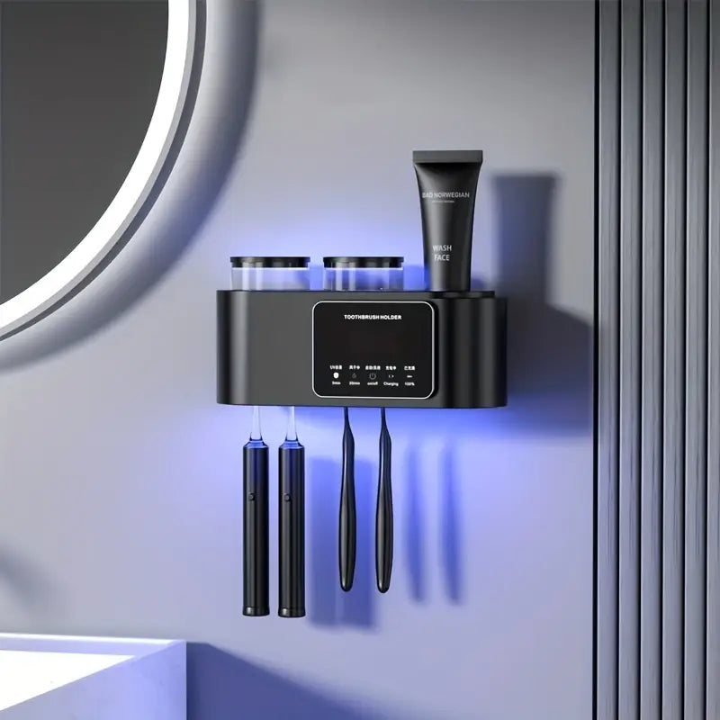Wall-Mounted UV Toothbrush Holder with Quick-Dry Cup – Smart Bathroom Organizer - Black