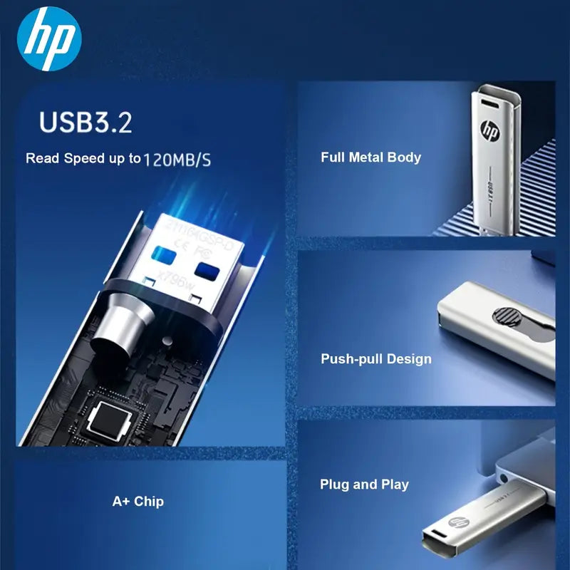 Hp USB Flash Drive X796W USB3.2 64GB 128GB 256GB Push-Pull Metal Body Computer Office USB Flash Drive