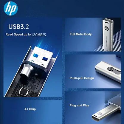 Hp USB Flash Drive X796W USB3.2 64GB 128GB 256GB Push-Pull Metal Body Computer Office USB Flash Drive