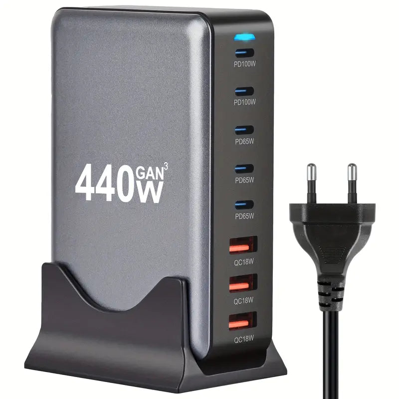 440W GaN High-Power Multi-Port Fast Charger Station with LED Indicators - 8 in 1 USB-C - Black