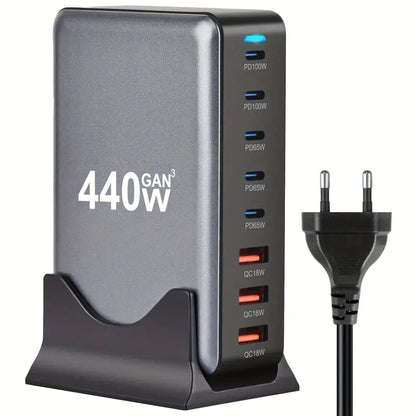 440W GaN High-Power Multi-Port Fast Charger Station with LED Indicators - 8 in 1 USB-C - Black