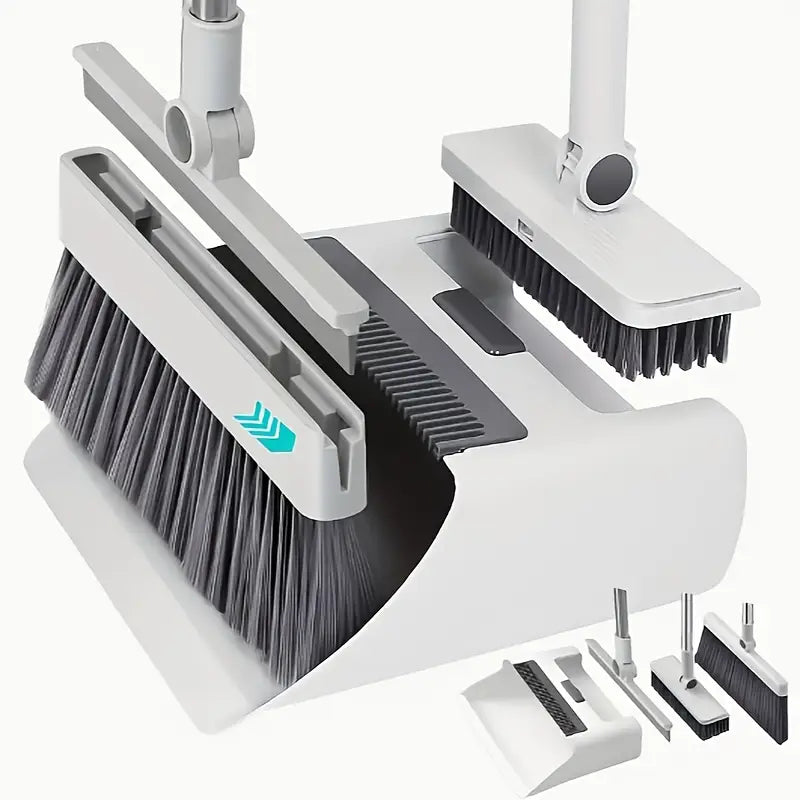 4-in-1 Folding Rotating Broom Set with Durable Plastic Handle - White