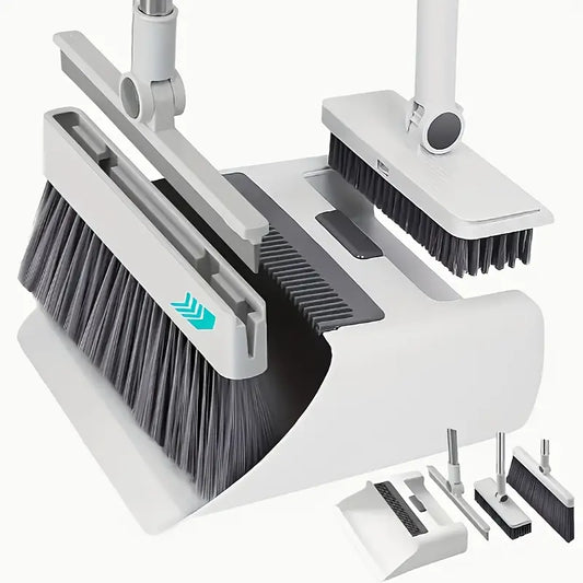 4-in-1 Folding Rotating Broom Set with Durable Plastic Handle - White
