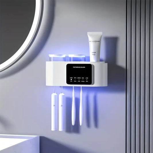 Wall-Mounted UV Toothbrush Holder with Quick-Dry Cup – Smart Bathroom Organizer - White