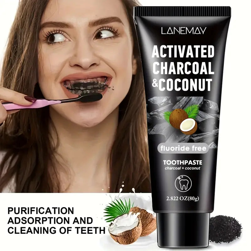 Lanemay Charcoal & Coconut Toothpaste - Deep Cleansing Whitening Teeth Natural Whitening Freshens Breath 2.82Oz
