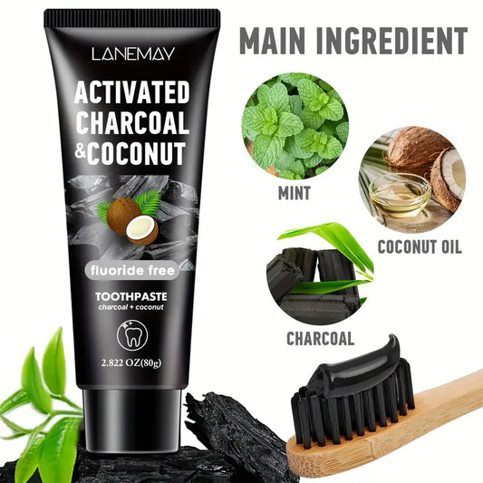 Lanemay Charcoal & Coconut Toothpaste - Deep Cleansing Whitening Teeth Natural Whitening Freshens Breath 2.82Oz