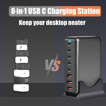 440W GaN High-Power Multi-Port Fast Charger Station with LED Indicators - 8 in 1 USB-C