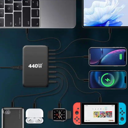 440W GaN High-Power Multi-Port Fast Charger Station with LED Indicators - 8 in 1 USB-C